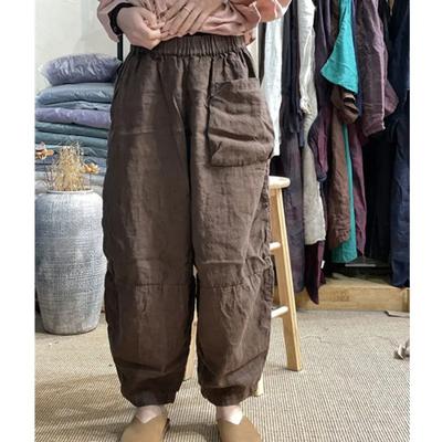 Nové letní volnočasové kalhoty s širokými nohavicemi pro ženy, praní pískem, stará bavlna a len, volný střih, stahovací pas, trendy mrkvové kalhoty