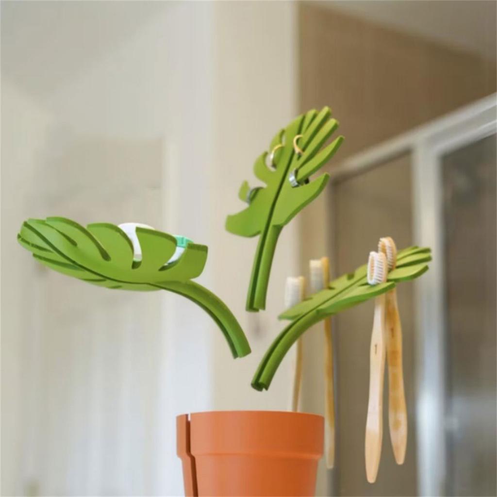 Bathroom Organizer with Monstera Design Self Adhesive Toothbrush Holder and Mirror Mounted for Accessories