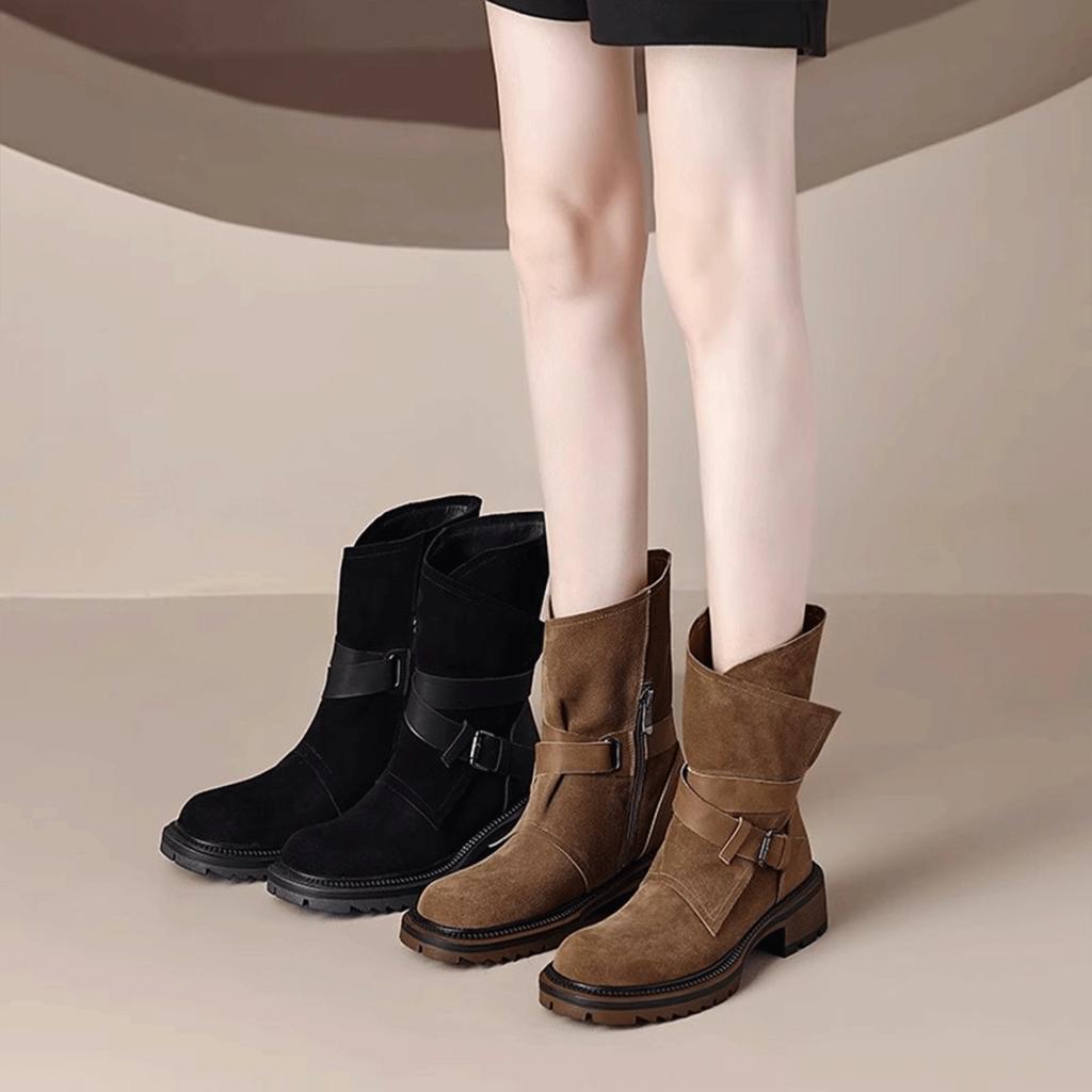 Retro Belt Buckle Thick-soled Martin Boots Women's 2025 Autumn New Imitation Cowhide Thick Heel British Short Boots Western Cowboy Boots