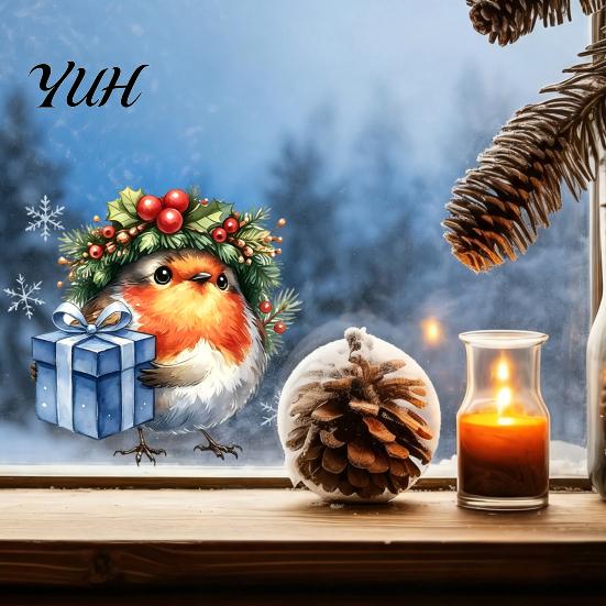 Cute Animal Pattern Stickers Christmas Bird Static Window Sticker, Watercolor Glass with Wreath And Gift Box, PVC Decals for Waterproof Clings Holiday