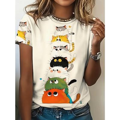 Fashion Women Retro Creative Cartoon Cat Print T Shirt Funny Casual O-neck Short Sleeves T-shirt Summer Female Tee Shirt