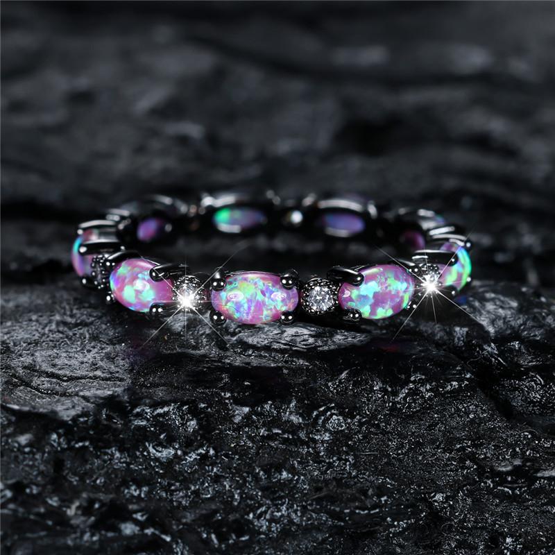 Purple Fire Opal Engagement Ring Cute Small Oval Stone Wedding Rings For Women Vintage Black Metal Band Jewelry Bridal Accessory