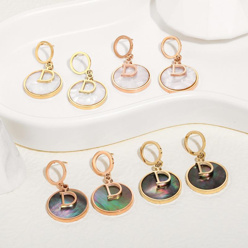 D Word Fritillary Earrings Stainless Steel Gold-Plated Round Pendant Niche Design Big-Name Wind Advanced Titanium Steel Earrings