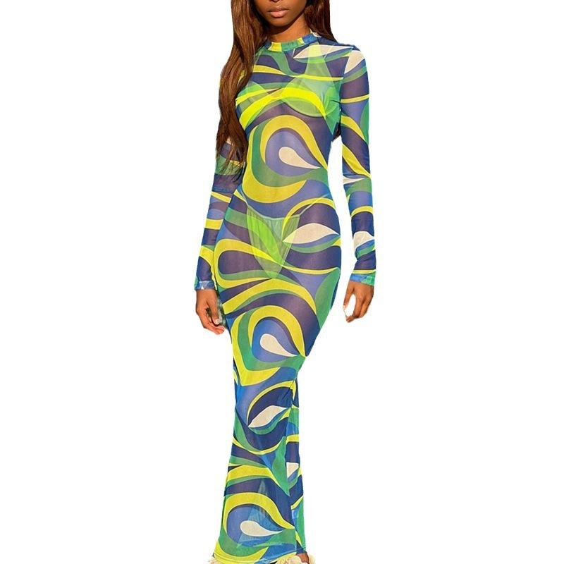 

Женские осенние повседневные сетчатые принтованные длинные рукава с круглым вырезом узкие платья L зелёный