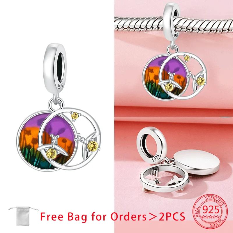 Original Copper Luminous Firefly Purple Zircon Firefly Heart-Love Charms Beads Pendant Fit Bracelet For Women Diy Gift