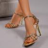 European and American Roman style women's shoes with thin heels, super high heels, open toes, and hollowed-out colored rhinestone sandals.