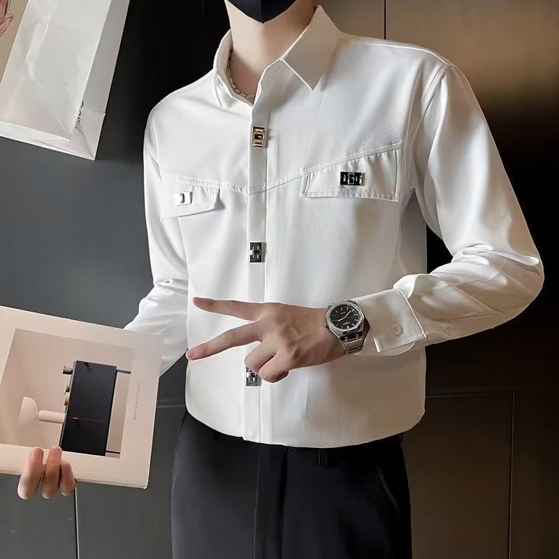 2023 Herren Retro Freizeit Langarmhemd mit Eisenknopf-Dekoration für Frühling und Herbst