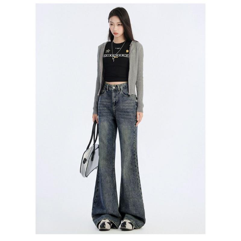 Autumn Trendy High-waisted Stretch Jeans Slim Straight Leg Flared Floor-length Pants Fashionable Stylish