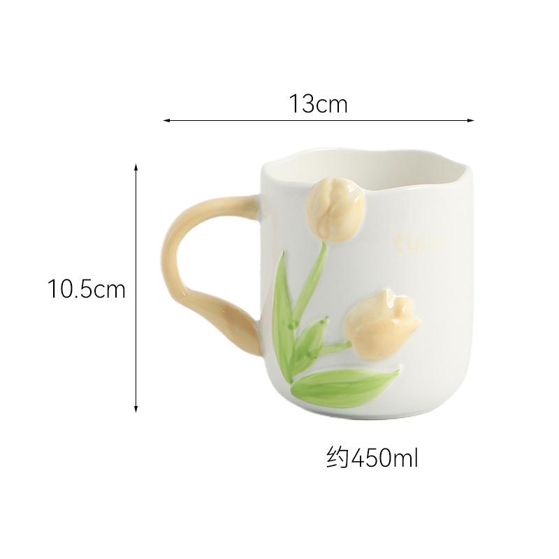 

450ML Tulip Ceramic Cup Three-dimensional Embossed Flower Coffee Mug Afternoon Camellia Flower Tea Cup Home Breakfast Milk Mug 450ml