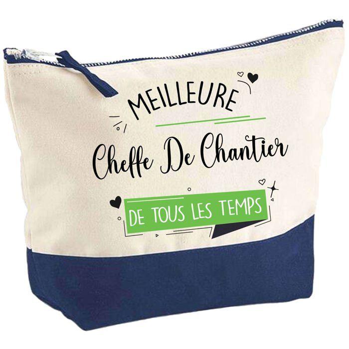 Pochette fond bleu Meilleure Cheffe De Chantier de tous les temps - Cadeau Original Trousse Maquillage Grand Format