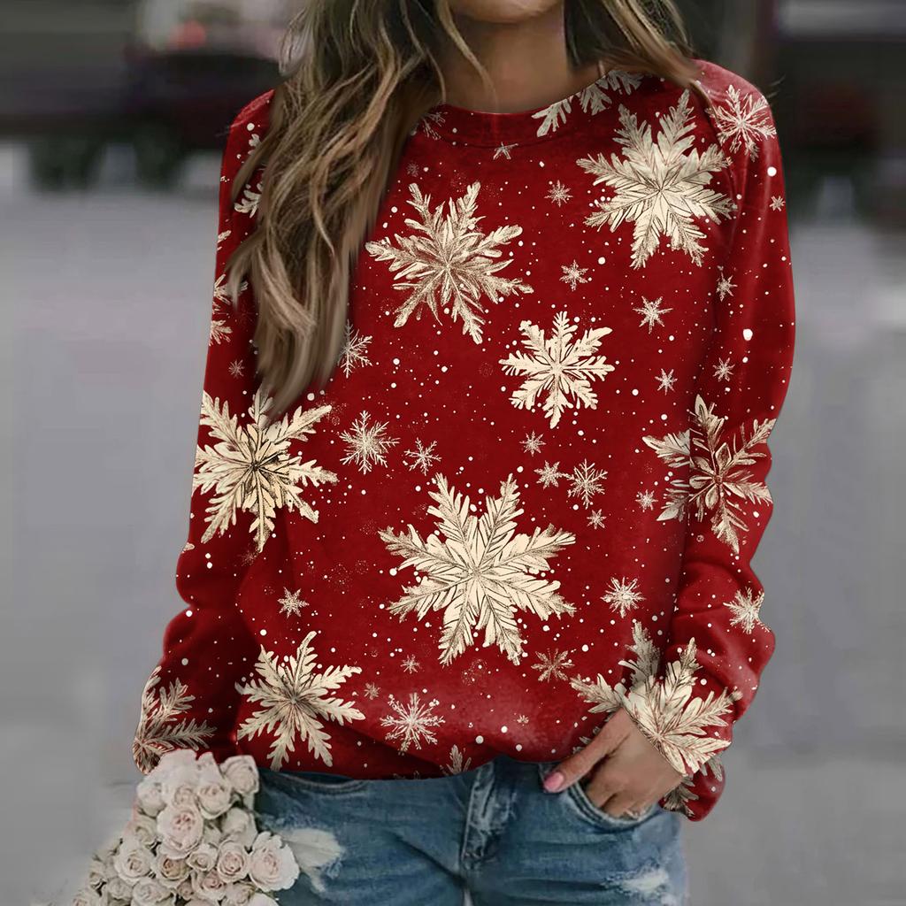 Women's Fashion Casual Long Sleeve Christmas Printed Neck Sweatshirt Top