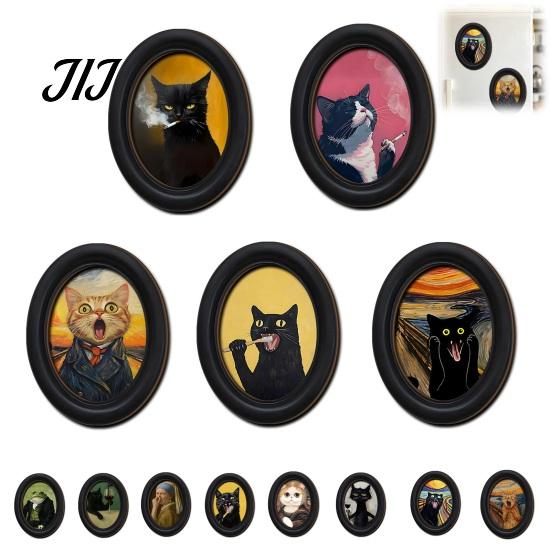 Decorative Wall Accents for Living Room Abstract Art Cat Decor, Oval 2D Wood Framed Funny Painting Unique Prints Print, Vintage Ornament Bedroom Home