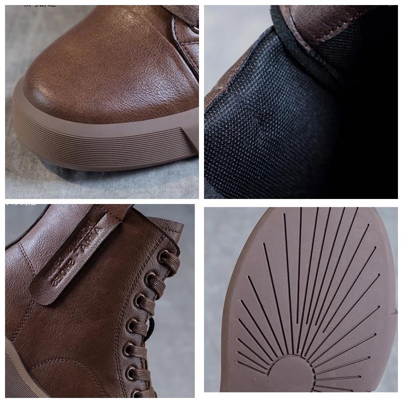 Koznoy 4cm British Style Genuine Leather Retro Lace Up Hight Top Motorcycle Ankle Boots Autumn Winter Woman Plush Flats Shoes