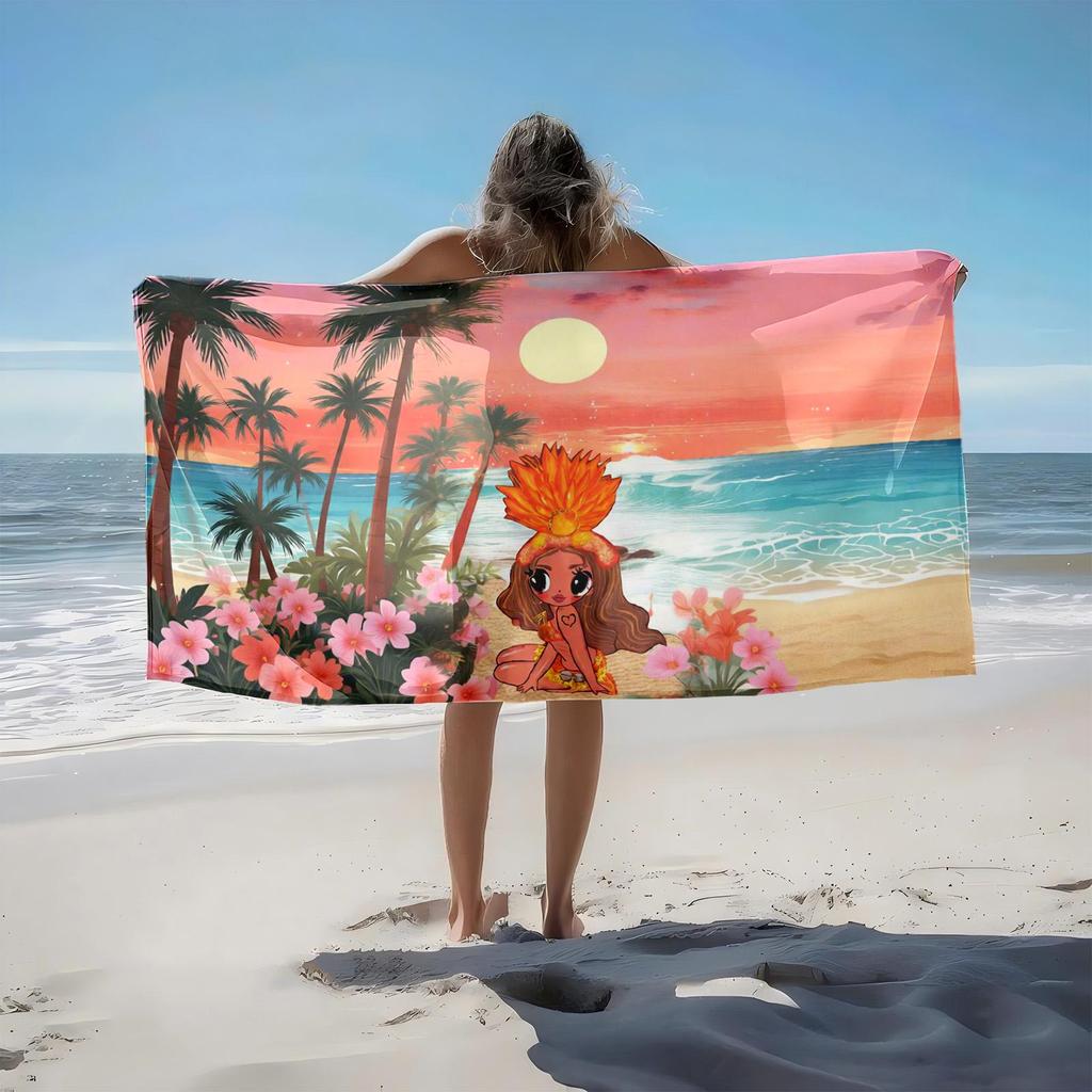 1pc Tropical Sunset Beach Vibes with Floral Beauty 2D Printed Microfiber Beach Towel, quick dry super absorbent. Great for beach