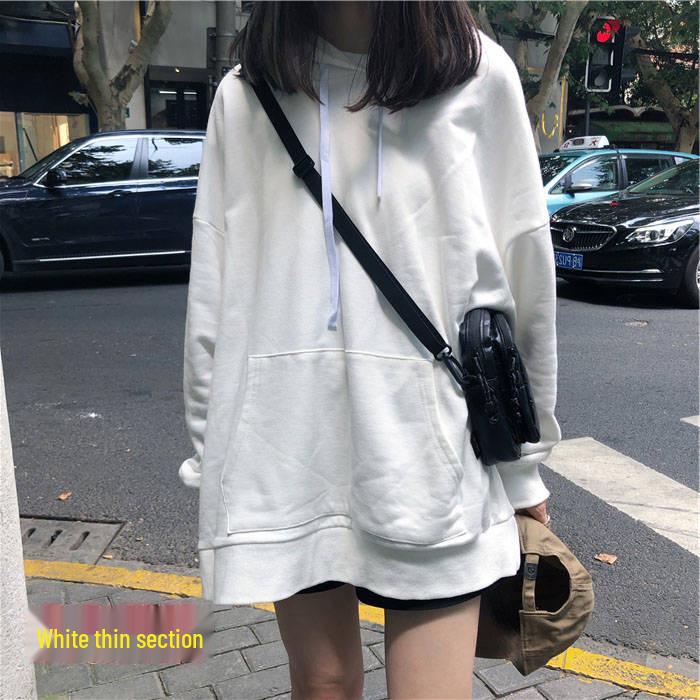 2025 Autumn Women's Korean Style Thin Long Sleeve Hoodie - Solid Color, Versatile, Mid-Length, Loose Fit.