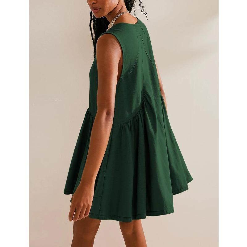 Moda de mujer Verano Primavera Color sólido Estampado Sin mangas Con cuello en V Cintura suelta Vestidos casuales