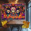 1PCS Vibrant Day of the Dead Sugar Skull and Flower Tapestry - Colorful Day of the Dead Design