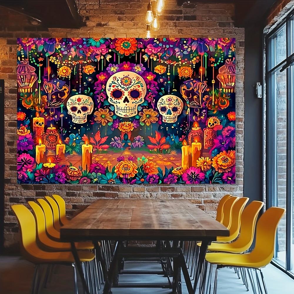 1PCS Vibrant Day of the Dead Sugar Skull and Flower Tapestry - Colorful Day of the Dead Design
