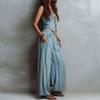 Conjunto Informal de Chaleco Azul Rayado de Moda y Pantalones de Pierna Ancha