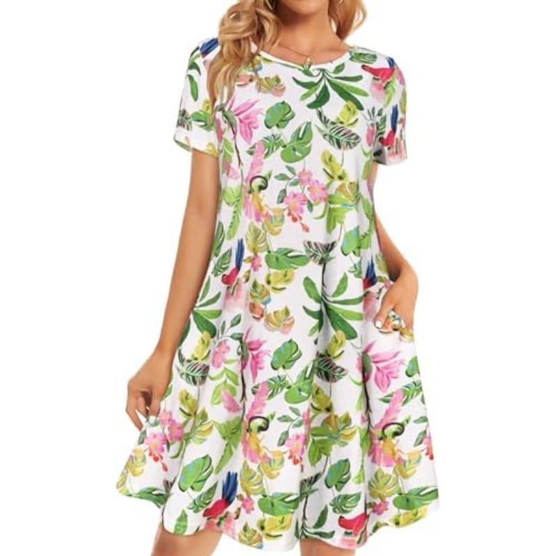 European And American New Round Neck Solid Color Casual Pocket Short Sleeve Big Pendulum Dress Women'S Clothing
