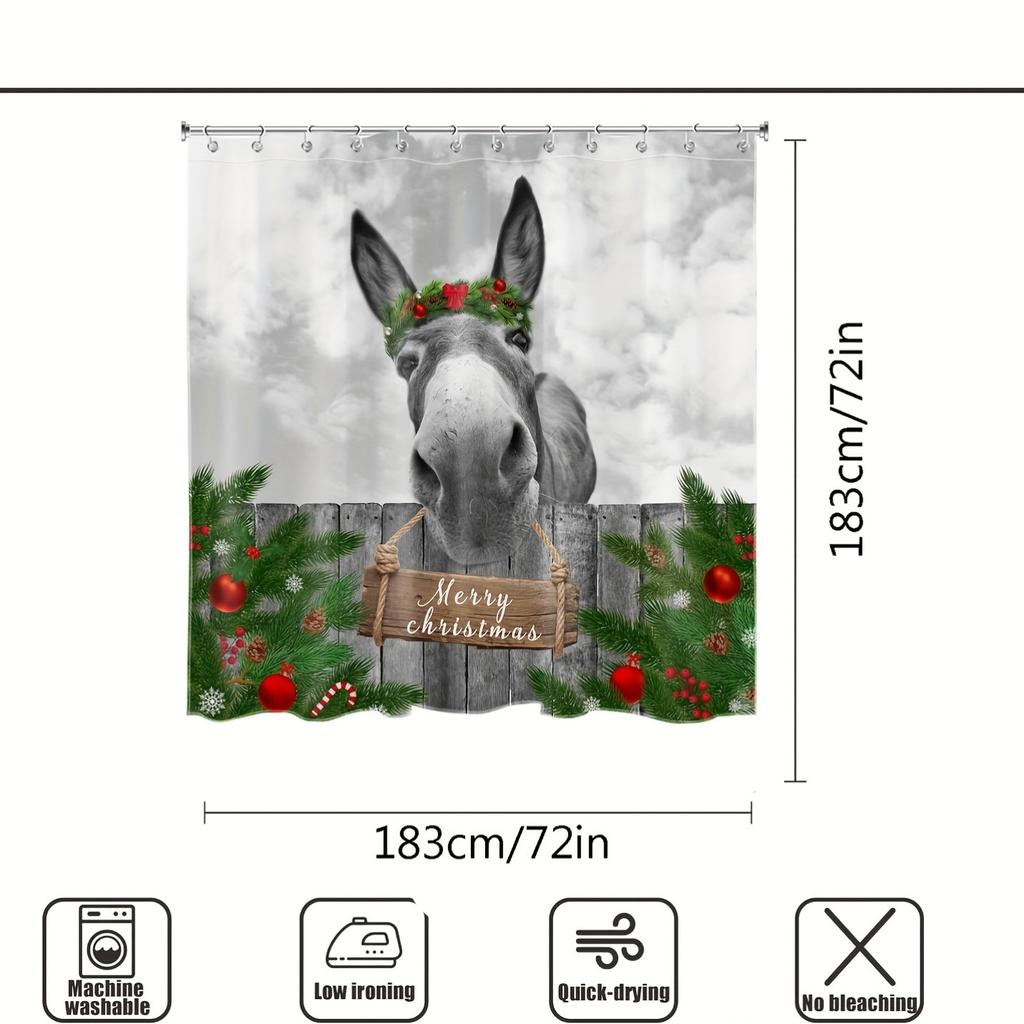 1Pc Festive Farmhouse Holiday Bath Drape With Humorous Donkey Design, Durable Polyester Woven Washable Bath Accessory, Includes