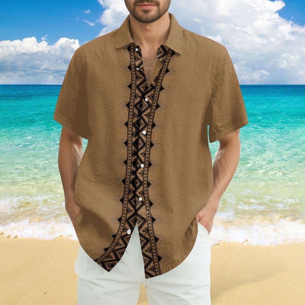 Men's Fashionable Casual Loose Striped Printed Beach Short-sleeved Shirt
