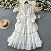 French style Retro Palace Style Lantern Sleeve Lace-up Waist Hugging Single-Breasted Dress Women Slimming Temperament Elegant Long Skirt