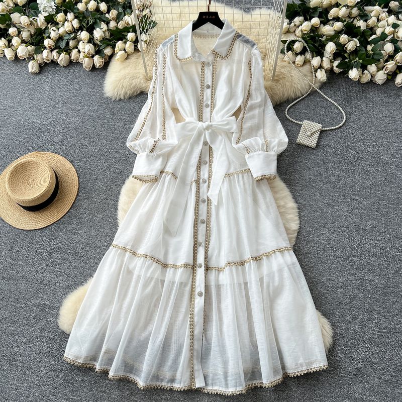 French style Retro Palace Style Lantern Sleeve Lace-up Waist Hugging Single-Breasted Dress Women Slimming Temperament Elegant Long Skirt