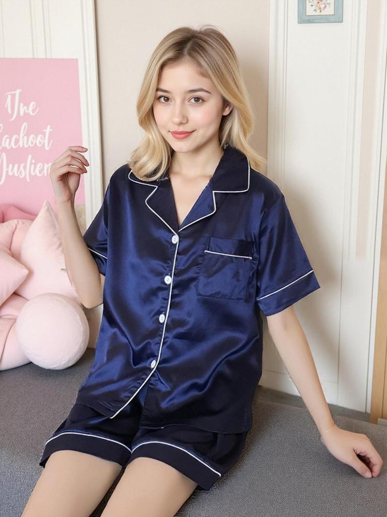 Women's Short Sleeve Faux Silk Ice Silk Pajama Set with Lapel - European Size