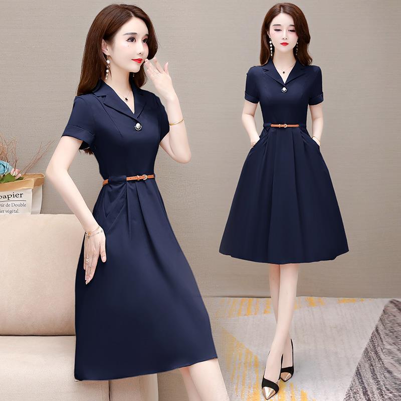Office Lady Elegant Notched Collar Pleated Dress Korean Fashion Short Sleeve A-line Midi Vestido Belt Summer Casual Slim Dresses