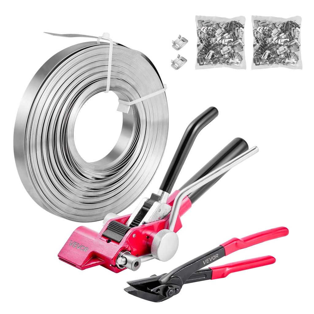 Steel Banding Strapping Kit, Heavy Duty Banding Sealer Tool with 60 M Binding Straps, 200 Metal Clasps, Manual Pallet Packaging Strapping Kit for