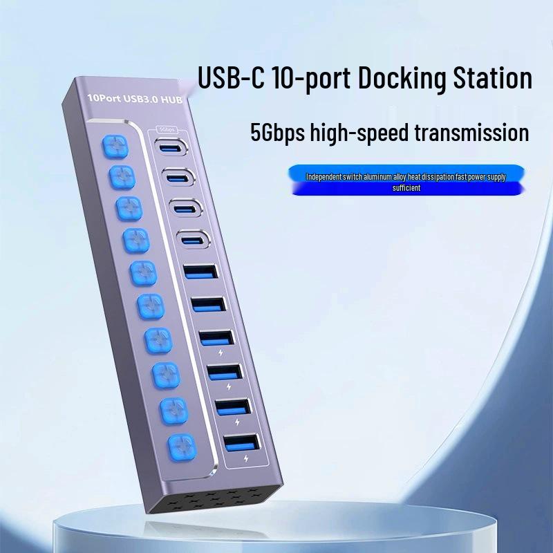 10-Port USB 3.0 Hub with Switch, Charging Type-C Port, One-to-Ten Splitter