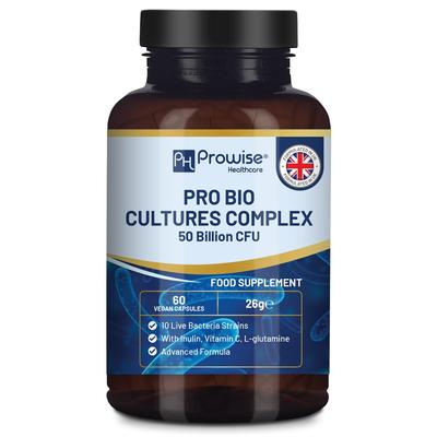 Bio Cultures Complex Probiotics and Prebiotics - 50 Billion CFU - 10 Live Bacteria Strains – Added with Inulin, L-Glutamine & Vitamin C - 60 Capsules