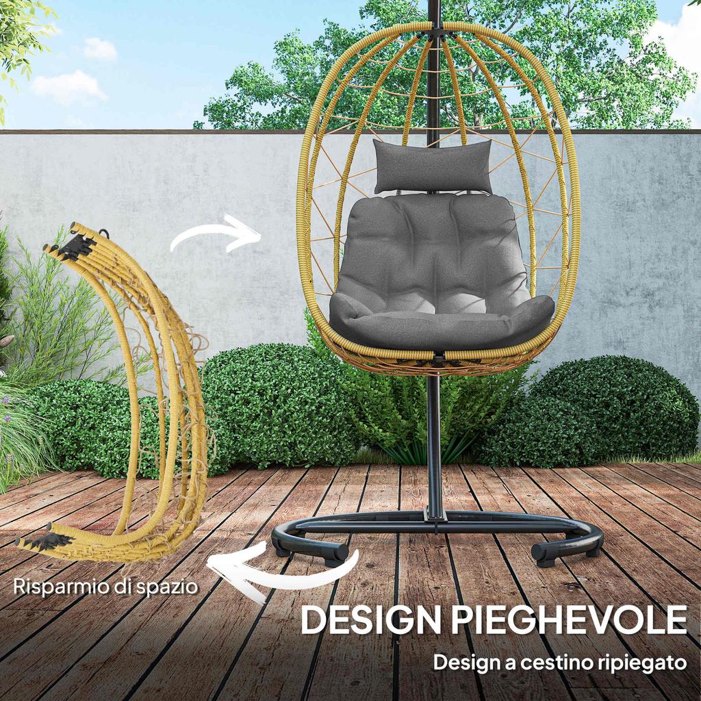 Hanging and Foldable Armchair with Cushions, in Steel and PE Rattan, 102x102x195 cm, Black Grey and Beige