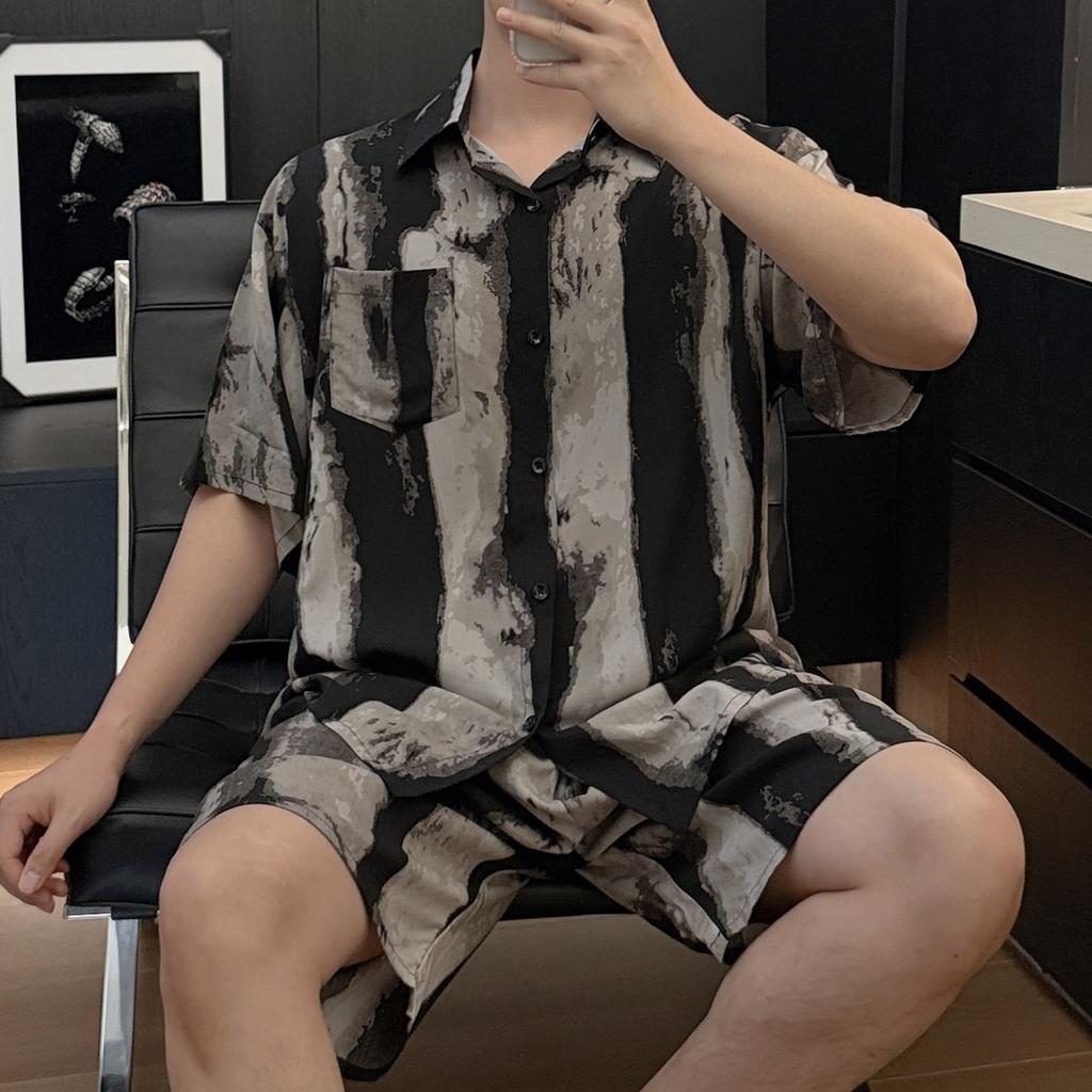 Men's summer thin cotton and silk pajamas set, short-sleeved shorts, printed comfortable home style casual striped loungewear