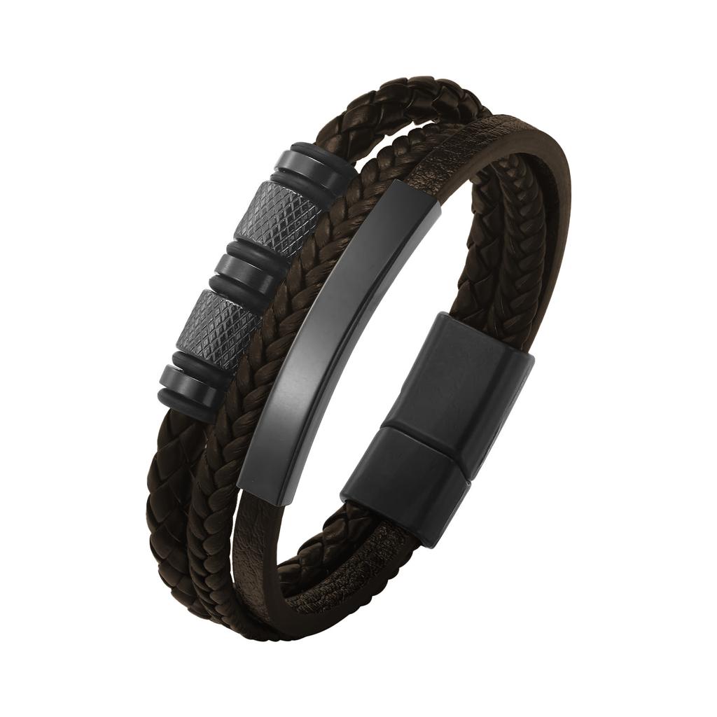 Leather rope bracelet cowhide men's double-layer stainless steel leather woven bracelet handmade multi-layer bracelet
