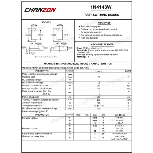 (Pack of 100) Chanzon 1N4148WSMD Small Signal Fast Switching Diode, High Speed, 150mA, 75V, SOD-123, IN4148W, 150 mA, 75 Volts (Marking T4)