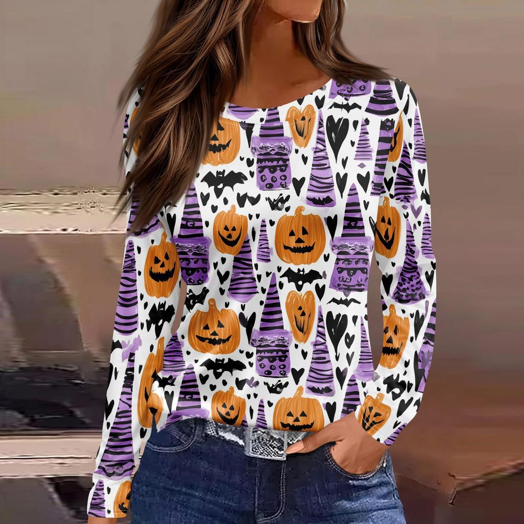 Women's Long Sleeve Halloween T-Shirt with Side Slits Neck Blouse