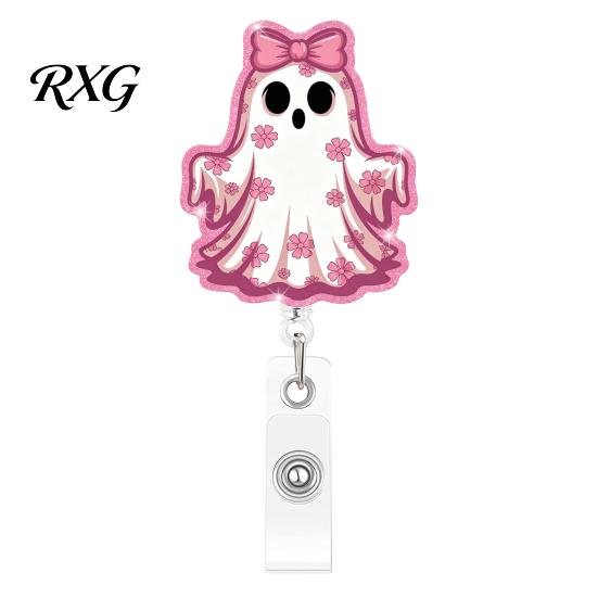 Clear Acrylic Retractable Badge Reel Halloween Ghost Reel, Glitter Holder Clip, Cute Pink for Collar or Bag ID Name Women Nurse Teacher Medical Office