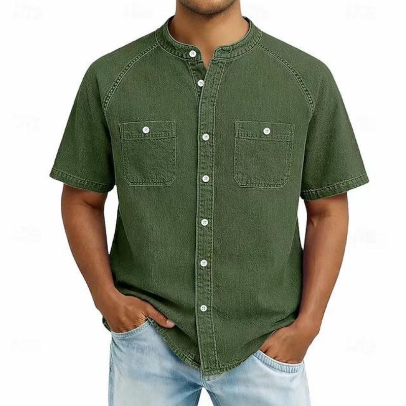 Men Stand Raglan Short Sleeve Denim Shirt Solid Purple Double Chest Pocket Button Down Casual Top S зелёный