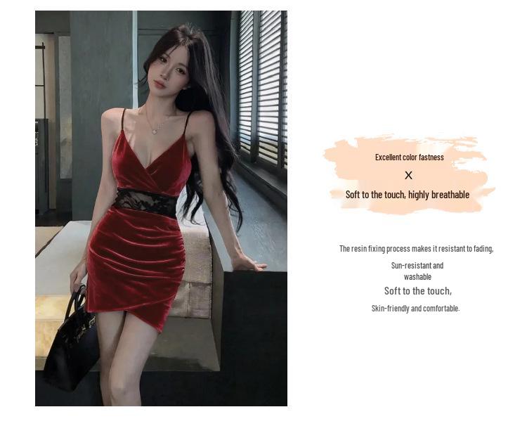 Velvet Spicy Girl Deep V Low-Cut Camisole Dress with Chest Pads - Irregular Hem, Waist-Cinching, Slim-Fit, Hip-Hugging Design