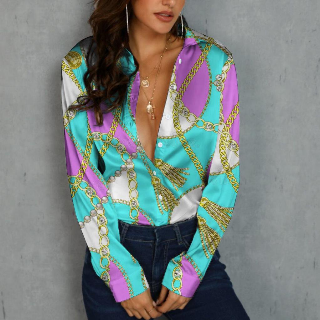 Women's Trendy Long-Sleeve Digital Print Button-Down Shirt
