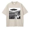 Trendy T Shirt Vintage Washed Cotton T-Shirt Retro UFO and Cat Pattern Graphic Top Tee Casual Streetwear Spring Summer