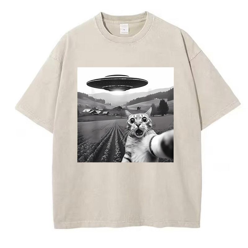 Trendy T Shirt Vintage Washed Cotton T-Shirt Retro UFO and Cat Pattern Graphic Top Tee Casual Streetwear Spring Summer