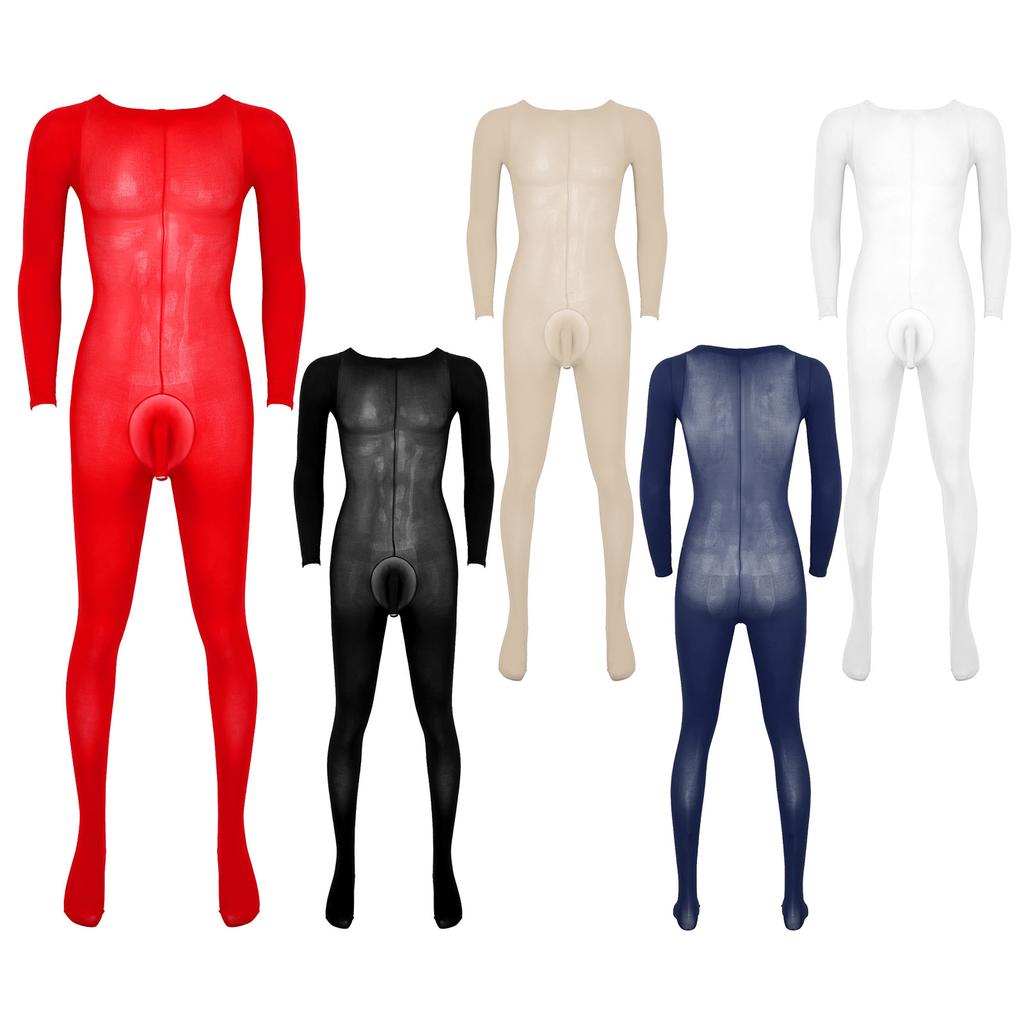 Mens Solid Color Bodystocking Long Sleeve Stretchy Bodysuit with Bulge Pouch Nightwear Underwear