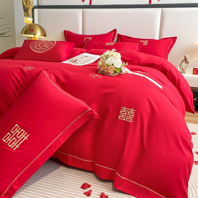 Clever Plan for Washing Cotton Wedding Four Piece Set, Red Embroidery Wedding Four Piece Set, Festive Wedding Four Piece Set