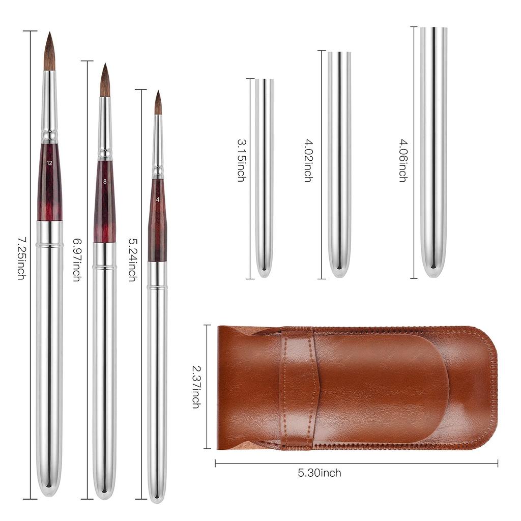 Kolinsky Travel Watercolor Brushes Sable Hair Round Watercolor Paint Brushes Set of 3 Portable Compact Artist Brushes with Pocket Protective Case for