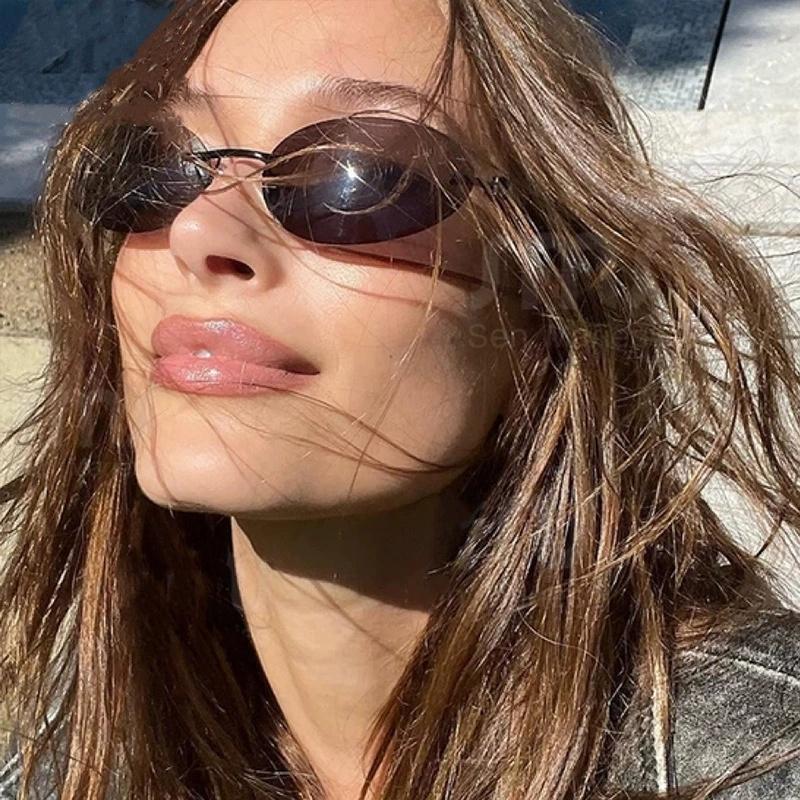 Luxury Brand Designer Y2K Rimless Oval Sunglasses for Women Men UV Protection Sun Glasses Punk Popular Goggle Shades