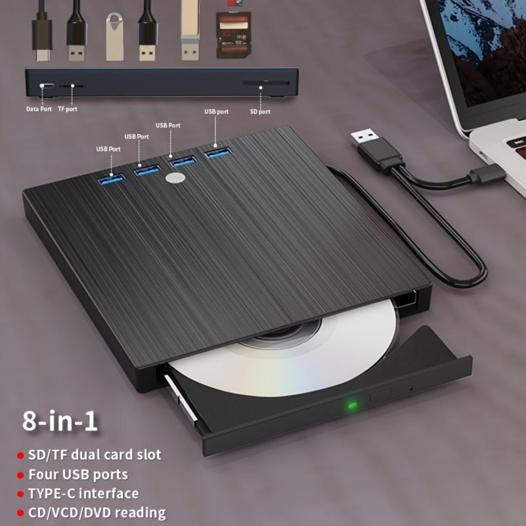 8-In-1 USB3.0 External DVD Drive,Ultra Slim Type-C Portable Burner,Read Write Play CD DVD for Windows,Mac and Linux PC