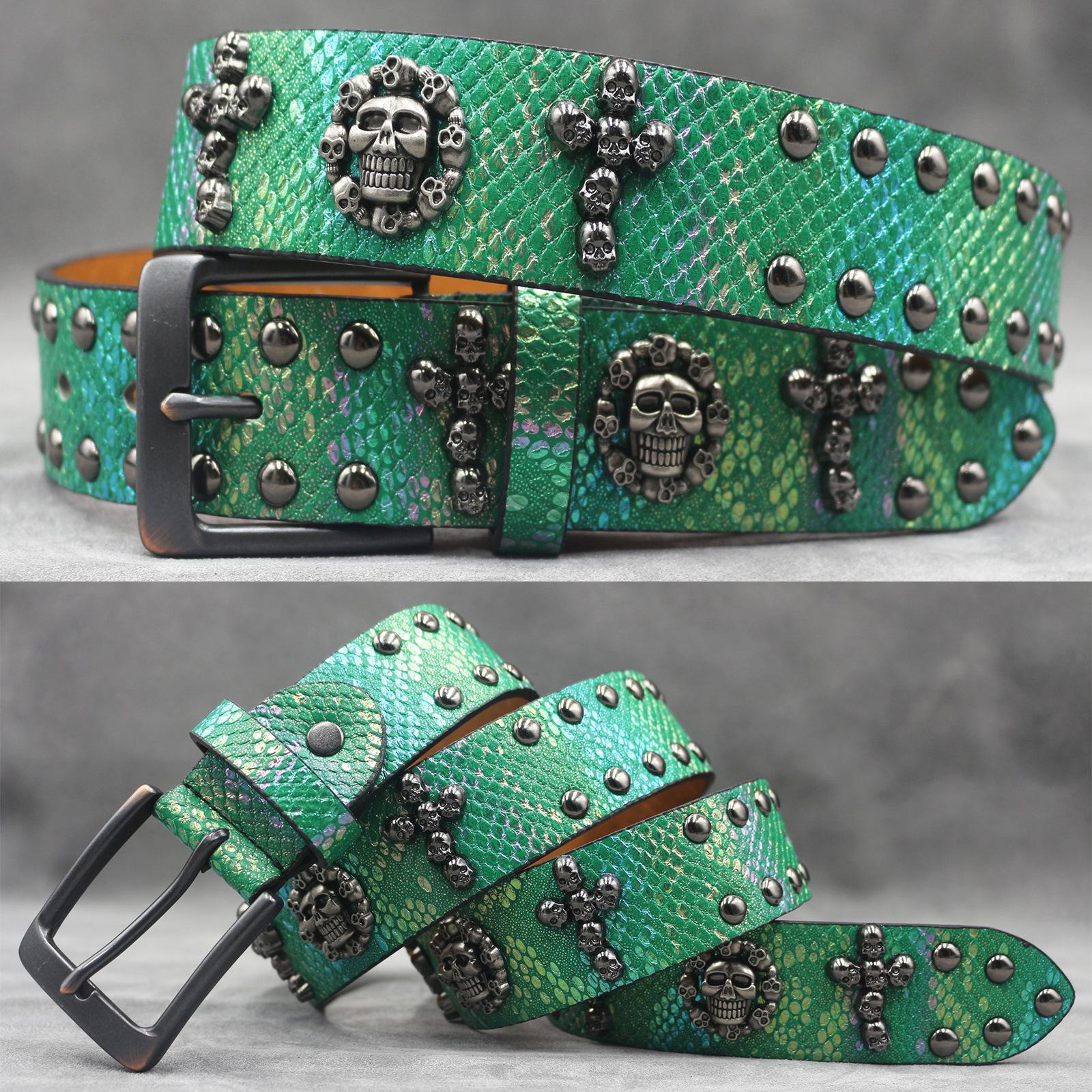 

7 Colors 3D Skull Rivet Leather Belt, Unisex Snake Print Y2K Style 105 cm зелений